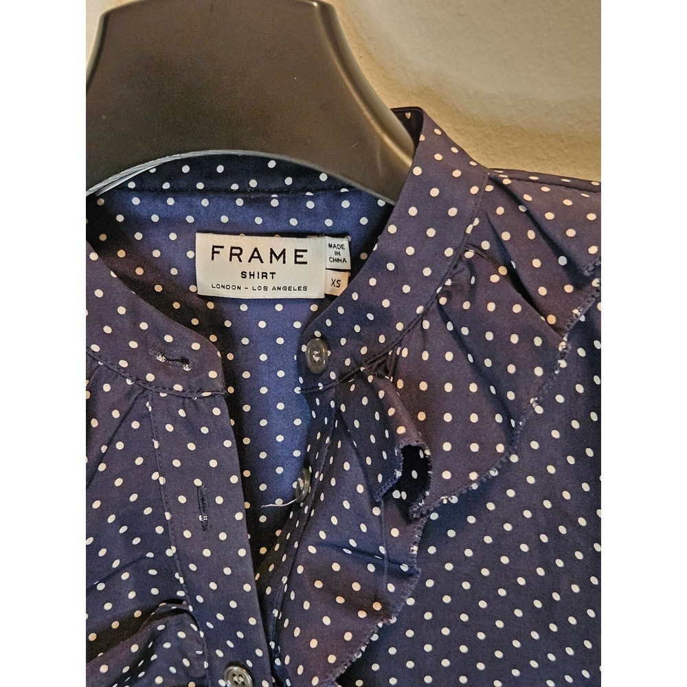 FRAME Silk Ruffle Sleeveless Blouse Navy Blue Polka Dot Womens XS
